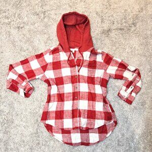 New Time and Tru Women's Hooded Flannel Winter White/Red Rover Size Medium